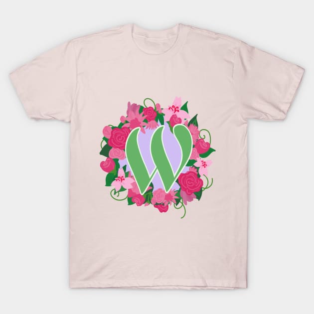 Monogram W, Personalized Floral Initial T-Shirt by Bunniyababa